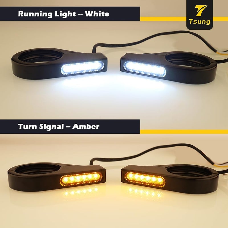 TSUNG Motorcycle Fork Mounted LED Turn Signals 39-41mm Switchback Sequential Amber Light with Bracket Indicater for Cruiser, Street Bike & Touring Motorcycles (Black Amber&White) - Image 3
